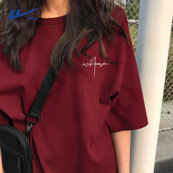 Pull Back Wine Red T-Shirt, Unisex, Heavyweight Pure Cotton Long Sleeve, 2026 New Style, Loose Fit, Regular Shoulder, Short Sleeve, Summer Y