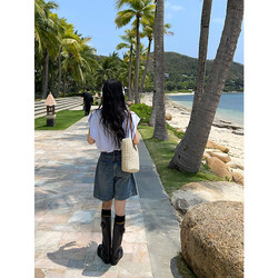 Chuanhe Blue High-Waisted Denim Shorts for Women, Summer Loose Fit, Slimming A-Line Wide-Leg Semi-Elastic Versatile Mid-Length Shorts