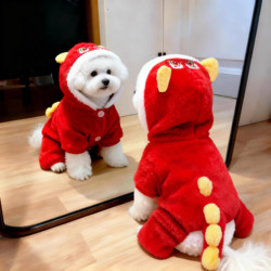 New Year Dog Clothes Autumn and Winter Warm Festive Red Lion Hooded Four-Legged Outfit with Fleece and Thickened for Small Dogs and Cats Tang Suit