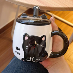 Fat Donglai Cat Mug with Lid and Spoon, Ceramic Water Cup, Cartoon Cute Couple Coffee Cup for Home Breakfast