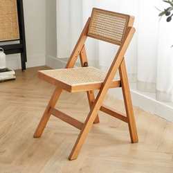 Retro rattan chair home simple restaurant chair Japanese solid wood backrest folding chair cafe medieval chair ins