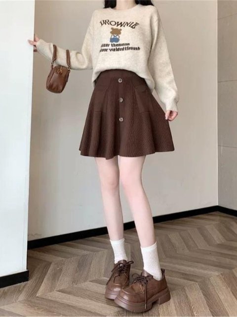 Fat MM pocket design high waist pleated knitted A-line skirt short skirt for women large size loose elastic waist versatile skirt
