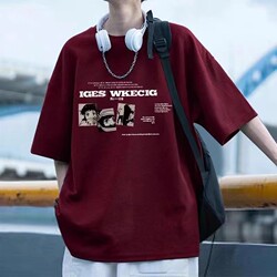 Burgundy American-Style Heavy Cotton Youth Short-Sleeve Men's T-Shirt, New Summer Loose-Fit Trendy Brand High School Student T-Shirt