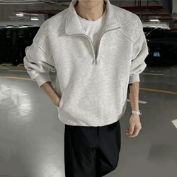 American Casual Half-Zip Stand-Up Collar Sweatshirt for Men, Fleece-Lined, Heavy-Duty, Loose-Fitting, Autumn and Winter, Youth Sports Top Jacket