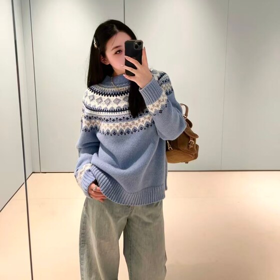 
Niche design round neck jacquard sweater for women 2025 autumn and winter new style retro loose versatile sweater jacket ins