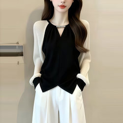 Fashionable Women's Beaded Collar Color-Blocked Long-Sleeve Shirt, Spring Style, French Niche Design, Versatile Shirt Top