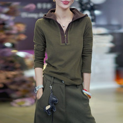 Military Green Hooded Long-Sleeve T-Shirt for Women, Spring and Autumn 2026 New Style Hoodie Top, Half-Zip Base Layer Shirt for Layering