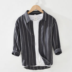 
Three-quarter sleeve linen striped shirt men's summer new square collar casual loose linen shirt youth three-quarter sleeve thin section