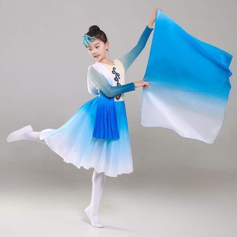 纱巾渐变演出服古典舞大河一条扇子儿童蓝色源长舞蹈丝巾服装演出-淘宝网