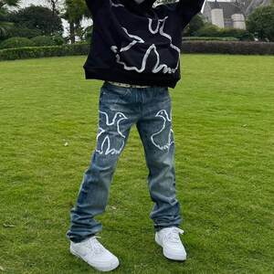 American high street pigeon jeans men's embroidery craftsmanship loose and versatile wide-leg slim trendy men's vibe straight spring and autumn
