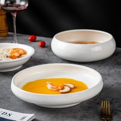 Ceramic Soup Plate, Deep Bowl, Hotel-Specific Tableware, White Hot Pot Side Dish, Home and Commercial Use, High-End Feel