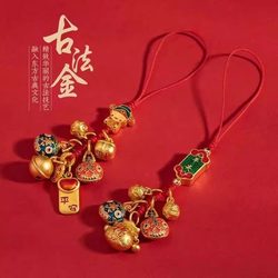 Gold-Swallowing Beast Phone Chain Pendant, Sand Gold Copper God of Wealth Family of Three/Four, Car Keychain Pendant for Men and Women