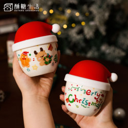 Cute Christmas Hat Ceramic Hand-Held Cup Couple Mug with Lid for Drinking Water and Coffee, Exquisite Birthday Gift