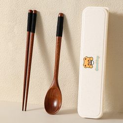 Chopsticks and Spoon Set, Wooden Portable Cutlery Box, Three-Piece Set for Office Workers and Primary School Students, Storage Box for One Person