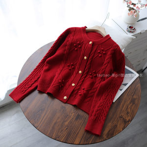 
Burgundy retro twist knitted cardigan for women in autumn and winter thick age-reducing college style loose short sweater jacket