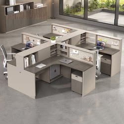 F-Shaped Office Desk with Employee Workstation Screens, Financial Desk for 4-6 People, Corner Staff Desk, Office Cabinet, Desk and Chair Set