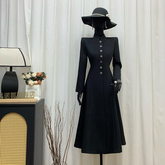 
Pinnofox black A-line long windbreaker coat autumn new arrival waist slimming slim stand collar women's coat