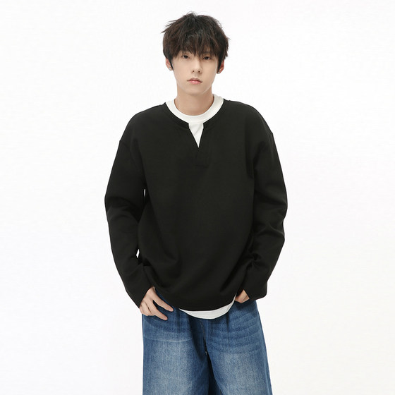 
WEENISW contrasting color fake two-piece double-layer collar long-sleeved T-shirt autumn and winter loose casual trendy brand design fashion top