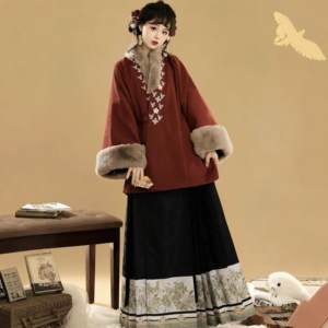 Original Hanfu Woman [Qiu Yi Nong] Mingmong plus velvet pair straight -collar short -collar short jacket horse -noodle skirt daily set winter