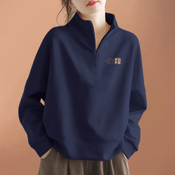 Brand Discount Genuine Pure Cotton Casual Half-Zip Printed Top, Stylish Loose Fit, Age-Reducing Stand Collar Pure Cotton Sweatshirt for Women