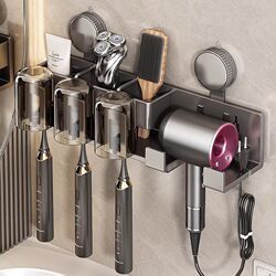 Youqin Suction Cup Hair Dryer Holder Storage Rack, No-Drill Wall-Mounted Bathroom Toilet Toothbrush and Mouthwash Cup Organizer