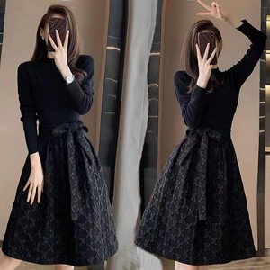 
Cross-border black dress for women 2025 autumn fashionable long-sleeved fashionable waist slimming a-line tutu skirt