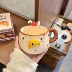 Underglaze Colored Bread Puppy Mug, Cute Ceramic Cup, Coffee Breakfast Cup, Water Cup, Birthday Gift for Girls