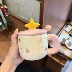 High-Appearance Ceramic Mug with Lid and Spoon, Cute Ceramic Cup for Home Use, Women's Office Coffee Cup, Breakfast Cup for Couples