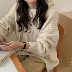 
New large size European fashion trendy thickened hooded needle D knitted sweater for fat girls in autumn and winter, loose and lazy