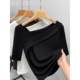 Mid-sleeved T-shirt for women black v-neck summer 2023 new slim base shirt French temperament chic slanted neck top for women
