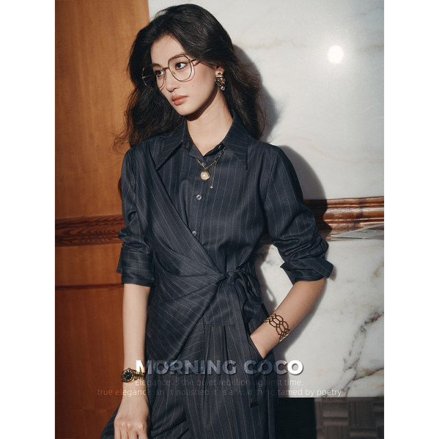 morningcoco old money style dark gray striped shirt women's spring and autumn design sense commuting trousers suit shirt
