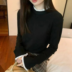 Lace splicing half turtleneck bottoming shirt for women in autumn and winter double-sided brushed slim design knitted sweater with L