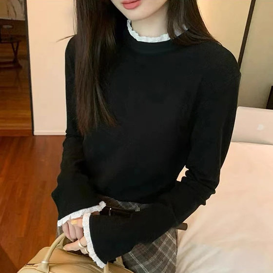花边拼接半高领打底衫女秋冬双面磨毛修身设计感针织衫内搭qy