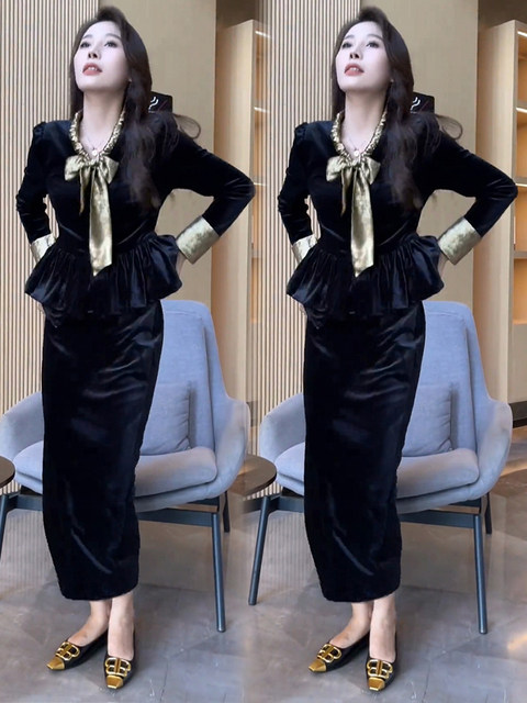 Golden velvet fashion set female 24 autumn new long -sleeved bow ruffled leaf -edge top skirt two -piece tide