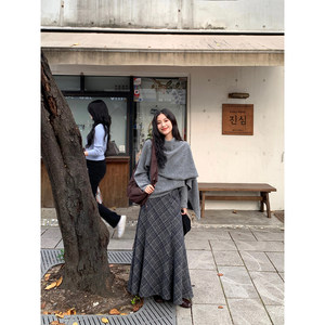 
DaqianwithU gray high-waisted slim woolen plaid skirt for women's autumn and winter commuting thickened straight long skirt