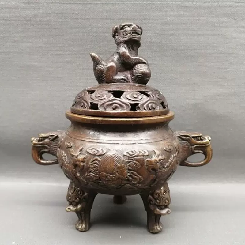 古玩纯铜紫铜色香炉家居客厅摆件仿古狮子香炉熏香炉摆设工艺品-Taobao 