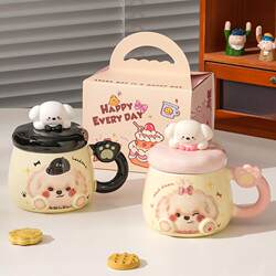 Artistic Cup, Mug with Lid and Spoon, Cute and Beautiful Ceramic Cup for Women, Suitable for Office and Home Use, Couple's Drinking Companion