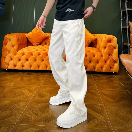 
Men's fashionable and versatile scimitar jeans are new in spring, solid color American casual trousers, heavy and high-end