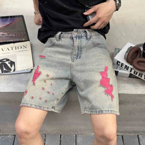 
Summer fashion, versatile, handsome, trendy straight-leg five-quarter pants, American high street style, contrasting color, ripped denim shorts for men
