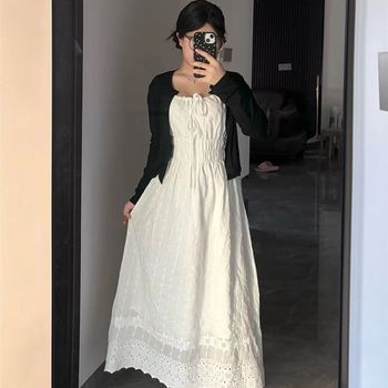 
Fat girl summer new knitted cardigan suspender skirt set D dress large size waist slimming temperament white jumpsuit