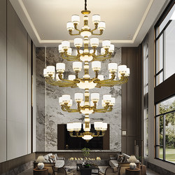 New Chinese-Style Villa Duplex with Spiral Staircase, Long Chandelier, High-Ceiling Living Room, Large Chandelier, Loft Hotel Chandelier