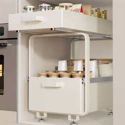 Kitchen sink storage rack pull-out storage basket telescopic drawer spice bottle storage rack thickened cabinet double layer