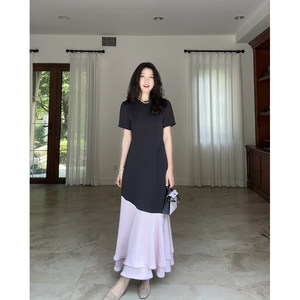 
Guo Jiujiu's French simple temperament short-sleeved satin contrast color waist-hugging and slimming round neck dress summer long skirt