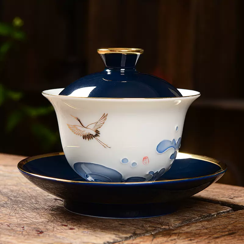 手绘鹤瑞呈祥盖碗家用陶瓷单个敬茶杯子功夫茶具三才碗套装泡茶器 