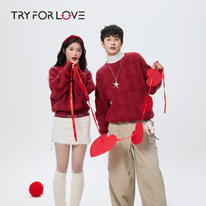 
TRYFORLOVE red love embroidered couple's sweater lazy style festive winter sweater top for women
