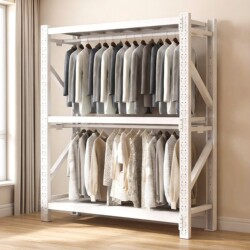 Open-Style Clothes Rack for Home Use, Bedroom Combination Hanging Rack, Floor-Standing Shelf, Simple Wardrobe with Dustproof Curtain, Storage Rack