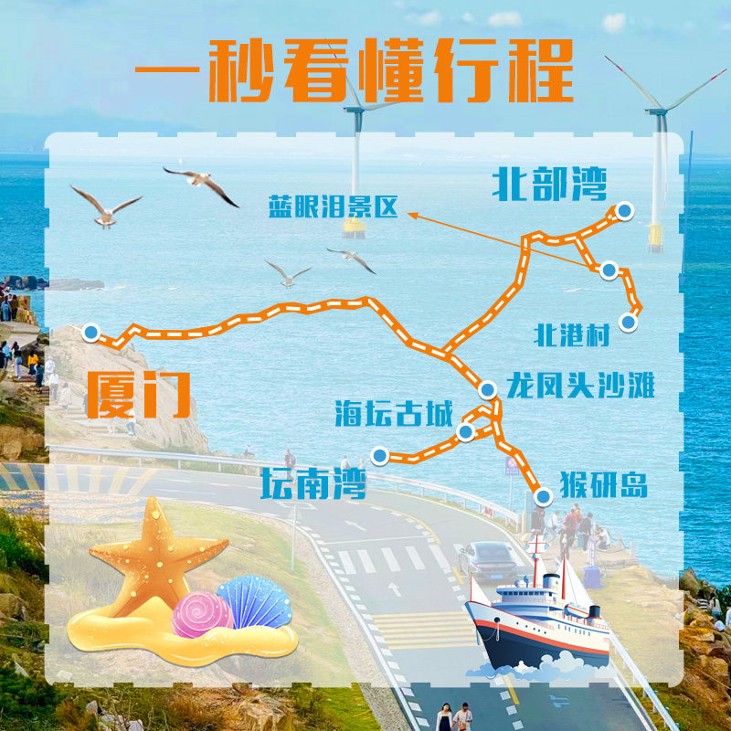 福州出发平潭岛北部湾蓝眼泪海坛古城猴研岛二日游专车出行