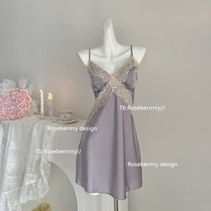 Roseberry Gentle Trap French high-end ice silk nightgown for women summer lace belt chest pad sexy pajamas
