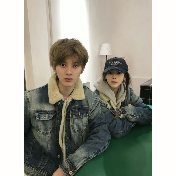 
Retro Blue Distressed Lamb Wool Denim Jacket Men's Autumn and Winter American Style Velvet Thickened Couple Work Clothes Lapel Jacket