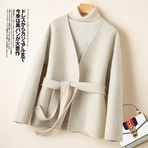 Autumn and winter new anti season double-sided cashmere coat for women, short style with off shoulder sleeves and lace up, simple and small woolen coat